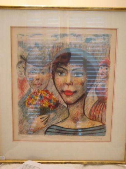 Edouard Joseph GOERG (1893-1969) L'amoureux au bouquet de fleurs, lithographie couleurs...