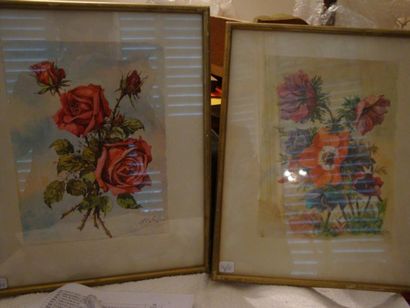 M.UGHETTO Pivoines et Roses, deux aquarelles signées en bas à droite, 27 x 20 cm