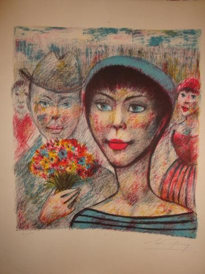 Edouard Joseph GOERG (1893-1969) L'amoureux au bouquet de fleurs, lithographie en...