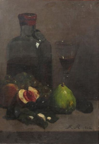 Ferdinand ROYBET (1840-1920) Nature morte au verre au flacon et aux fruits Huile...