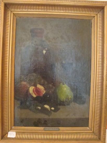 Ferdinand ROYBET (1840-1920) Nature morte au verre au flacon et aux fruits Huile...