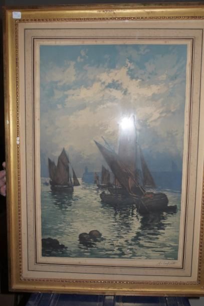 Alphonse Lafitte (1863-?) Les Voiliers, eau-forte en couleurs signée en bas à droite...