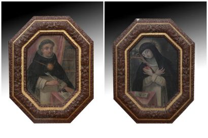 null Vierge au Sacré-Coeur (?) et Moine Franciscain (?), deux panneaux peints, cadres...