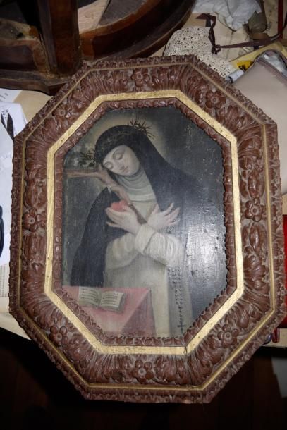 null Vierge au Sacré-Coeur (?) et Moine Franciscain (?), deux panneaux peints, cadres...