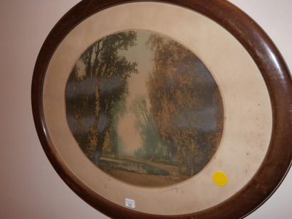 null "Clairière", estampe ovale en couleurs (signature illisible), 28 x 35 cm