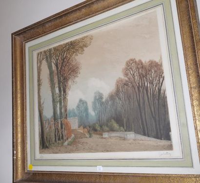 null "Pavillon dans la forêt", estampe en couleurs (signature illisible), 50 x 58...