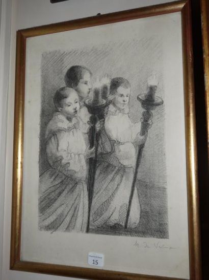 M. DE VELMA "Trois enfants de coeur", gravure en noir signée, 28 x 19 cm