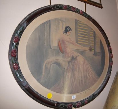Louis ICART "Jeune femme et levrier à la fenêtre", estampe ovale en couleurs signée...