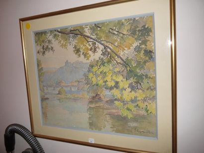 J. GUYOT GUILLAIN "Paysage de rivière dans le Doubs", aquarelle signée en bas à droite,...