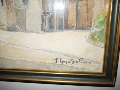 J. GUYOT GUILLAIN "Rue de village", gouache signée en bas à droite, 45 x 32,5 cm