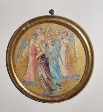 null "Réunion de saints personnages", gouache ronde, diamètre: 10 cm