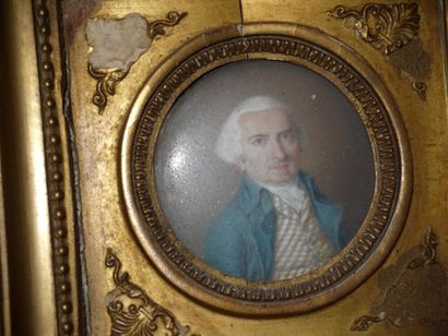 null Miniature ronde, "Portrait du Baron Ducasse", XVIIIe siècle, cadre en bois et...
