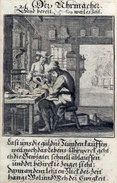 LUIKEN, Johannes (d'après) Eau-forte représentant la boutique d'un horloger néerlandais...