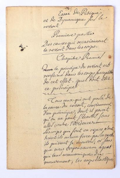 LEROY, Pierre III "Essai de fisique et de Dynamique sur le ressort". Ms sur papier,...