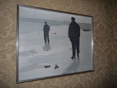 Roger-Lucien DUFOUR (1918) Pêcheurs sur le sable, huile sur toile