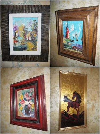 null Un lot de trois peintures signées Viard et un encadrement cheval