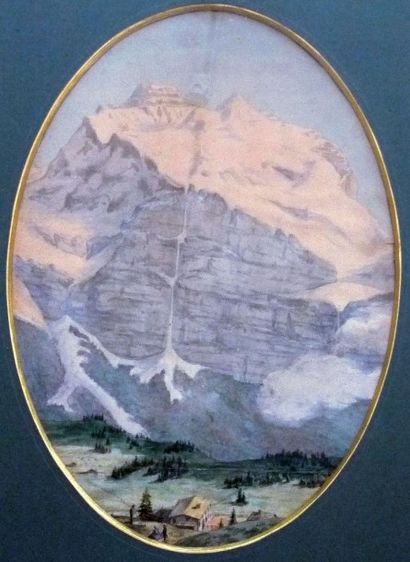 École Française du XIXe siècle Personnages au pied d'un glacier, aquarelle sur p...