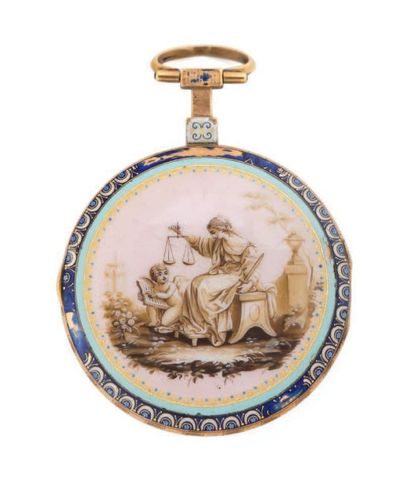 null Montre à verge en or émaillée marquée "Breguet à Paris N° 19987", vers 1810.
Cadran...