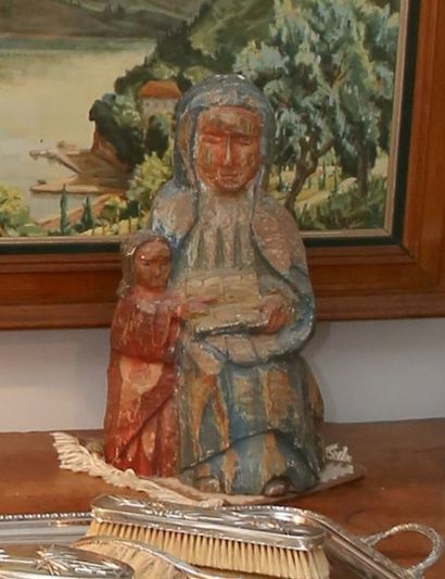 null Sainte Anne apprenant à lire à la Vierge Bois sculpté à polychromie rapportée....