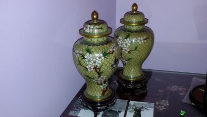 null Paire de vases balustres couverts, en cloisonné de la Chine, décor de cerisiers...