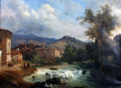Ecole ITALIENNE du début du XIXème siècle Paysage de montagne avec une abbaye Huile...