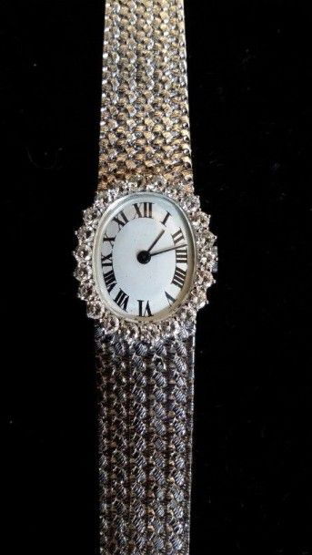 null Montre-bracelet de femme en or blanc 18K (750°/°°), le cadran ovale serti de...