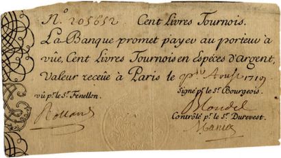 null BANQUE ROYALE de LAW. Billet gravé de cent livres n° 205652, du 1er août  1719...