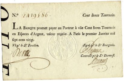 null BANQUE ROYALE de LAW. Billet typographié de cent livres du 1er janvier 1720...