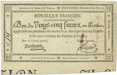 null BON au PORTEUR de 25 FRANCS, du 27 brumaire an 8 (13 mars 1800) à 2 S.I. Marivaux...