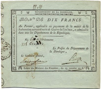 null BON AU PORTEUR de DIX FRANCS pour le dpt de la Dordogne, sur papier bleuté (monnaie...
