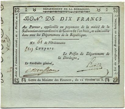null BON AU PORTEUR de DIX FRANCS pour le dpt de la Dordogne, sur papier bleuté (monnaie...