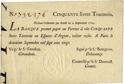 null BANQUE ROYALE de LAW. Billet de 50 livres du 2 septembre 1720 (division) à cachet...