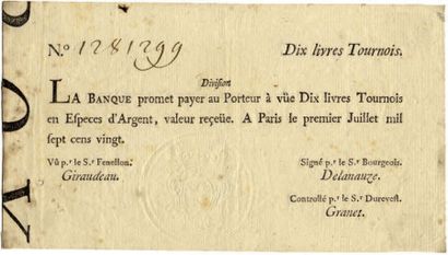 null BILLET ROYALE de LAW. Billet de 10 livres (division) du 1/7/1720. Laf. 93. ...