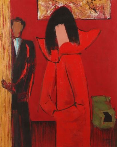 Jean MORDANT (1920 - 1979) Elégante au manteau rouge Huile sur toile, signée en bas...