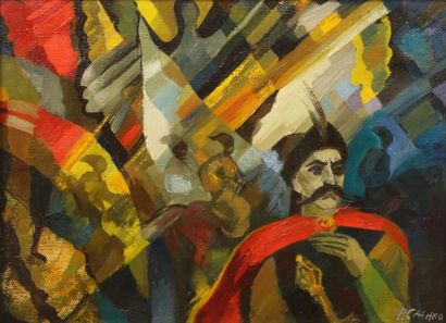 Ruslan SAYENKO Guerriers, Huile sur toile, signée en bas à droite, 30 x 40 cm.