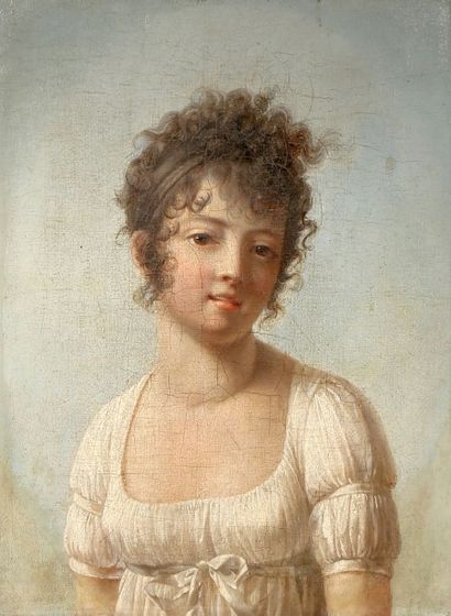 Ecole FRANCAISE vers 1800 Portrait de jeune femme en robe blanche Huile sur toile...