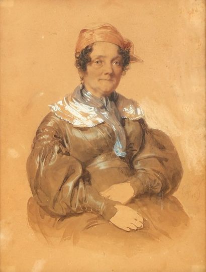 DEVERIA Eugène Paris 1805 - Pau 1865 Portrait assis de femme âgée coiffée d'un fichu...