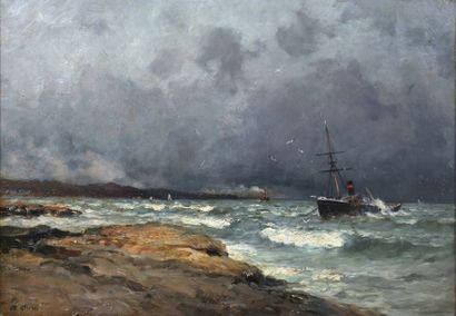 JEAN-BAPTISTE OLIVE (1848-1936) Chalutier, effet d'orage Huile sur toile, signée...