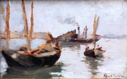 Edgar CHAHINE (1874 - 1947) Barques et chalutier Huile sur panneau, signé en bas...