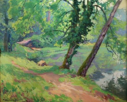 PAUL MADELINE (1863-1920) L'étang, Paysage de la Creuse, Huile sur toile, signée...