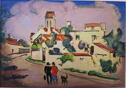 Albert Voisin dit VANBER (1905-1994) Village, rue église et personnages Gouache sur...