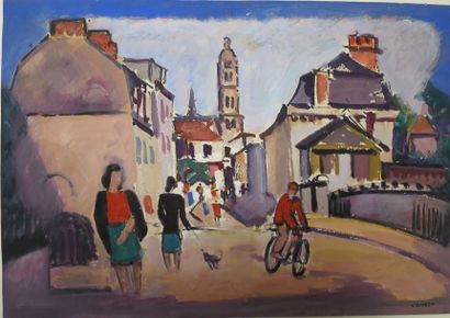 Albert Voisin dit VANBER (1905-1994) Village, rue, église et personnages Gouache...