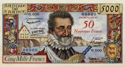 null 50 NF sur 5000 F Henri IV. Epreuve - Spécimen datée et numérotée en zéros sur...