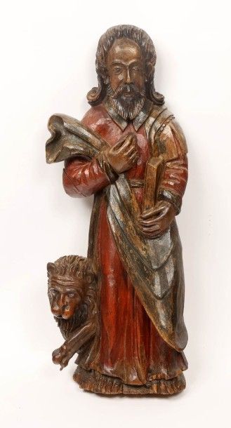 null L'évangéliste Saint Marc.
Bois de noyer sculpté en bas-relief, polychrome.
Fin...