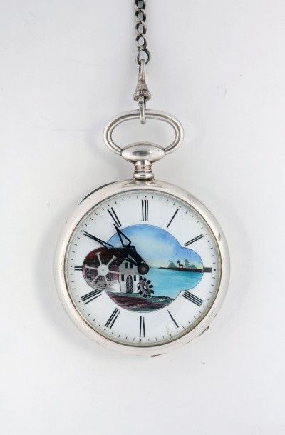 null Montre à cylindre en argent avec moulin automate sur le cadran et une boussole...