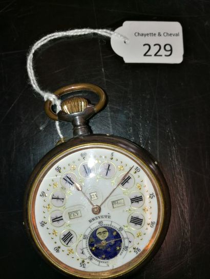 null Montre à ancre en acier à calendrier et phases de la lune, vers 1890.
Cadran...