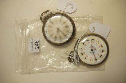 null Deux montres à cylindre, avec cadrans à 24 heures, en argentan.