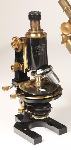 null Microscope en laiton poli et laqué noir signé 'Carl Zeiss Jena N° 57713', début...