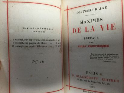 DIANE (COMTESSE) "Maximes de la vie". Préface de Sully - Prud'Homme, Paris,
Glendorff,...