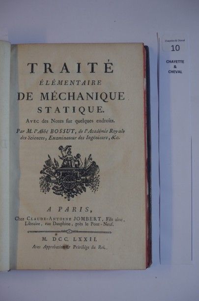 null BOSSUT, Charles, Traité élémentaire de mécanique statique, Paris 1772.?8o, pl...